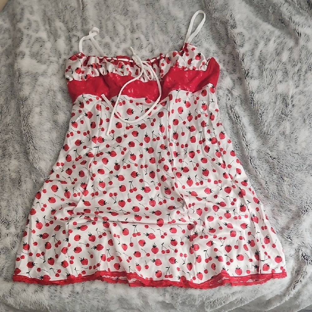 PINK By Frankies Bikinis Cherry Print Chemise in Red and White